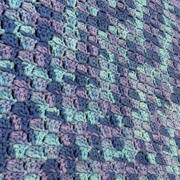Vintage Crocheted Box Stitch Afghan 60x60 Throw Mermaid Purple Dark & Light Blue - Picture 3 of 3